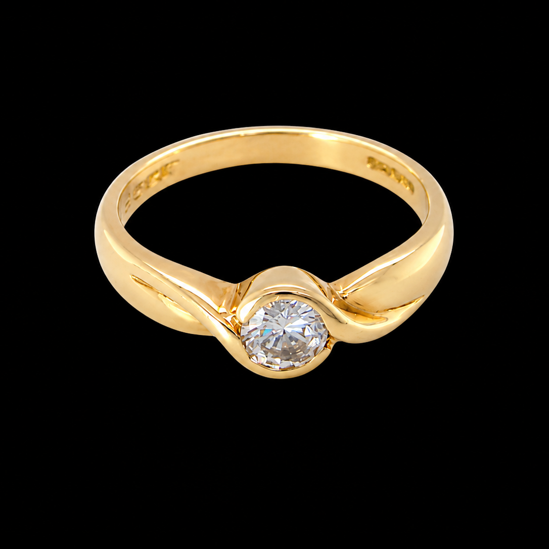A yellow gold ring with a twisted band and a single round-cut clear gemstone, shown against a solid black background.