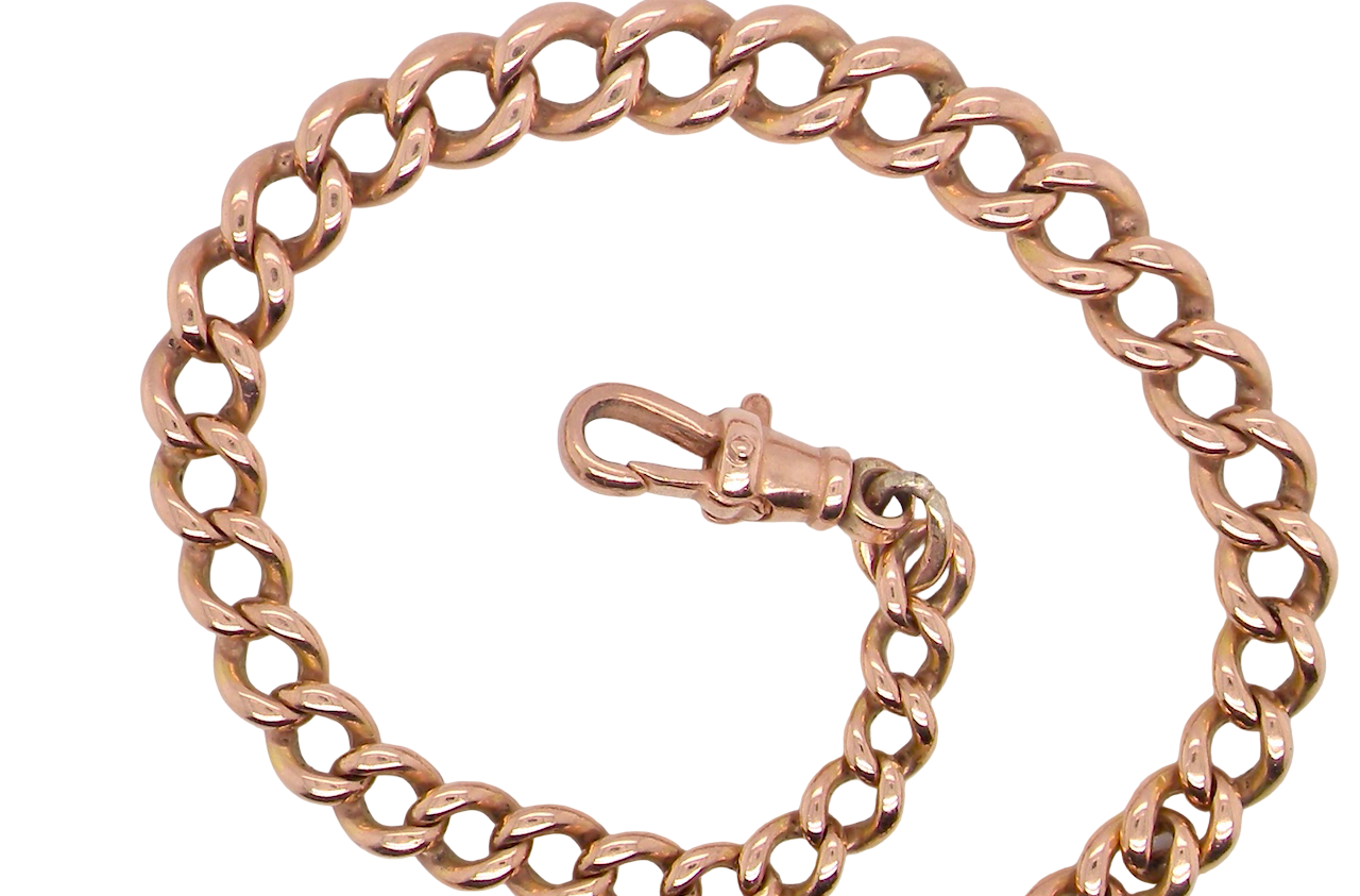 The curb links (most with a hallmark- now rubbed) graduate from 4.5 to 7.5mm. Tests as 9 carat gold,