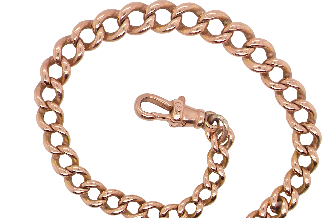 The curb links (most with a hallmark- now rubbed) graduate from 4.5 to 7.5mm. Tests as 9 carat gold,