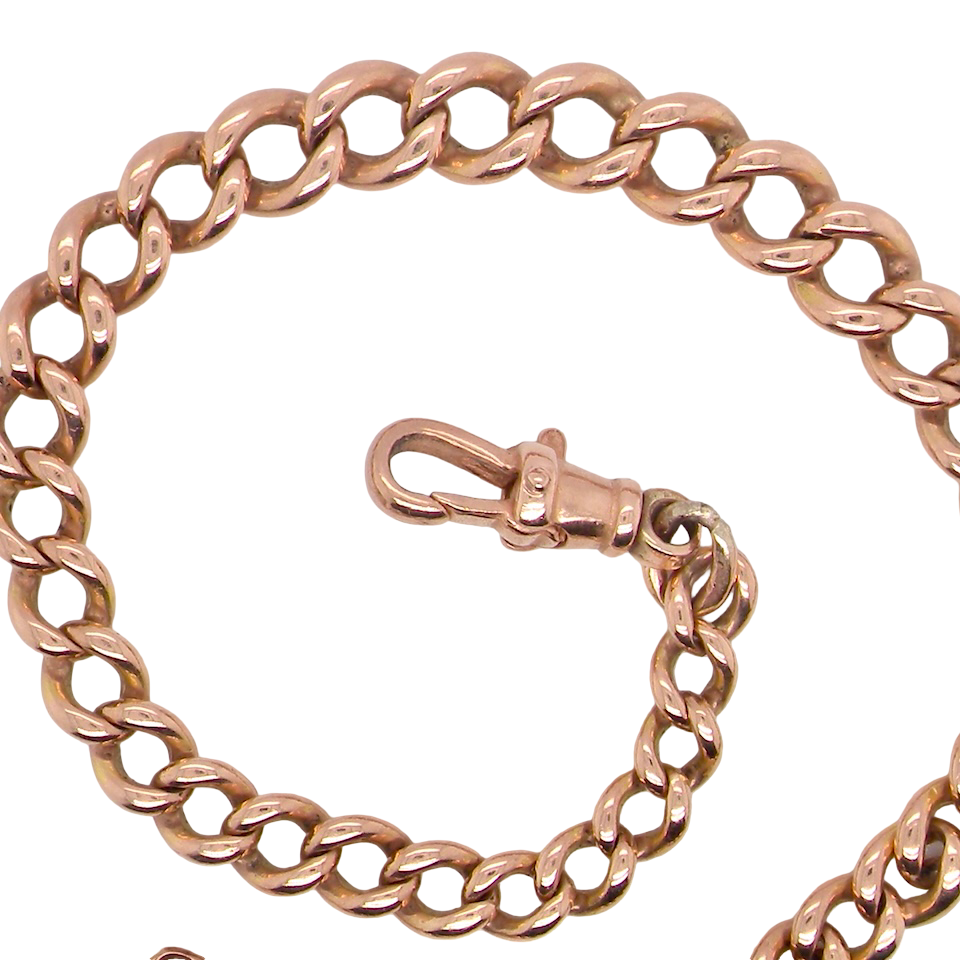 The curb links (most with a hallmark- now rubbed) graduate from 4.5 to 7.5mm. Tests as 9 carat gold,