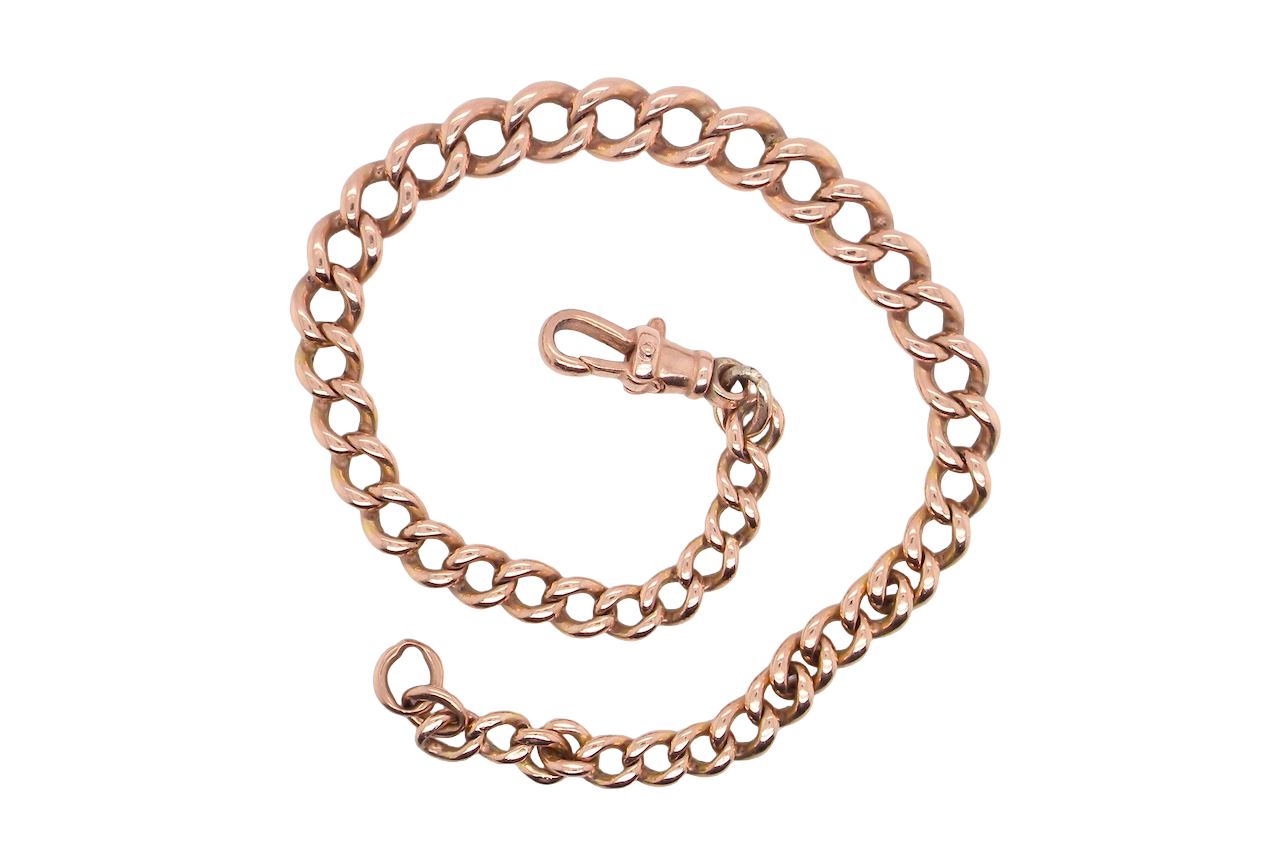The curb links (most with a hallmark- now rubbed) graduate from 4.5 to 7.5mm. Tests as 9 carat gold, and has a pleasing rose gold tinge.