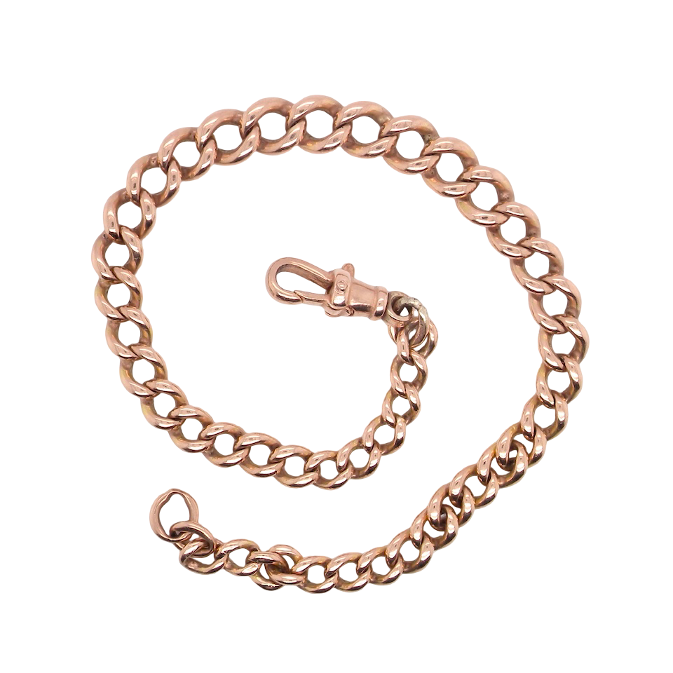 The curb links (most with a hallmark- now rubbed) graduate from 4.5 to 7.5mm. Tests as 9 carat gold, and has a pleasing rose gold tinge.