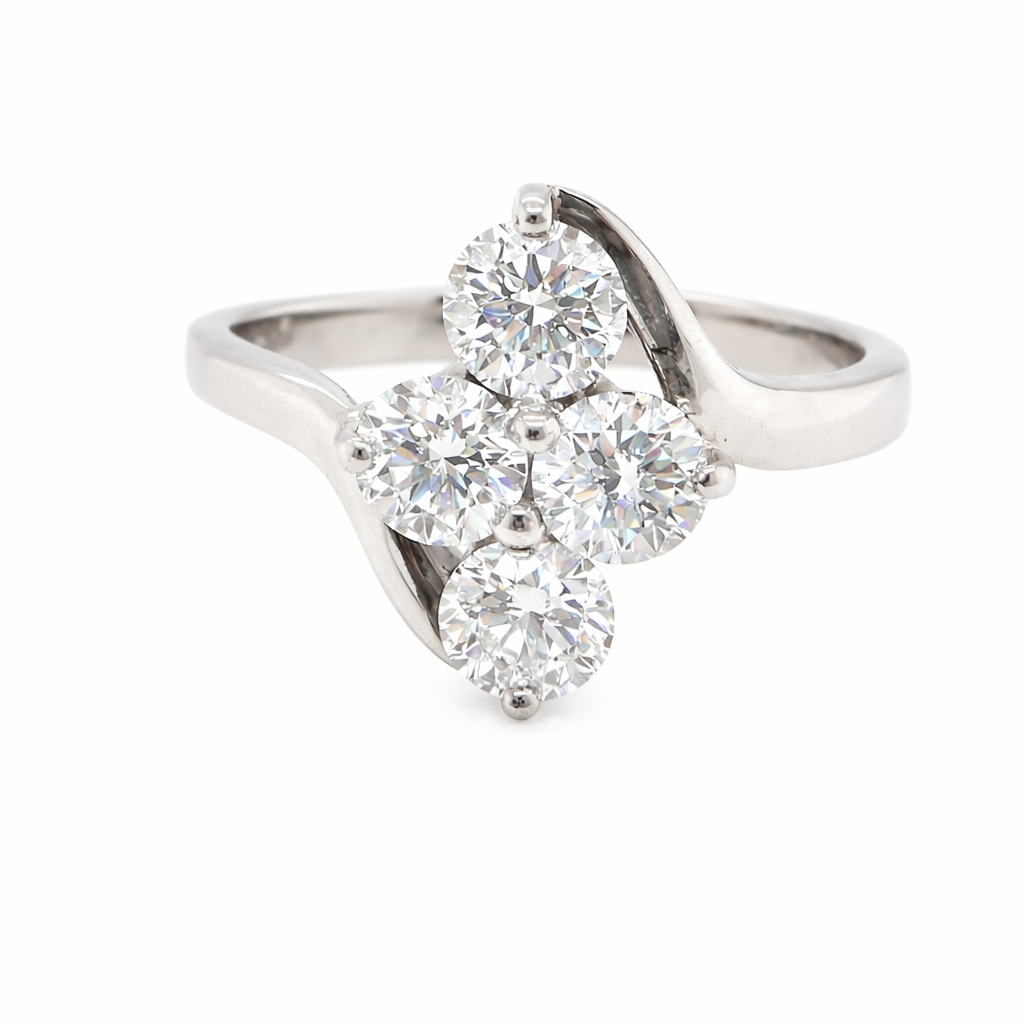 This four stone ring features brilliant cut white diamonds, each 4mm (0.25 carats). The total estimated weight is one carat, with a colour rating of G-H and a clarity SI.