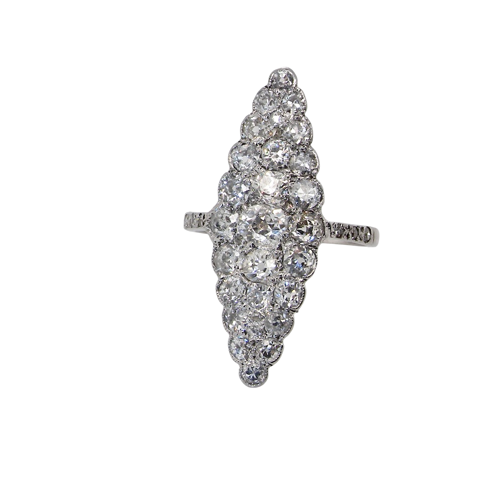 This is a striking marquise-shaped diamond cluster ring with a very classic, vintage look.