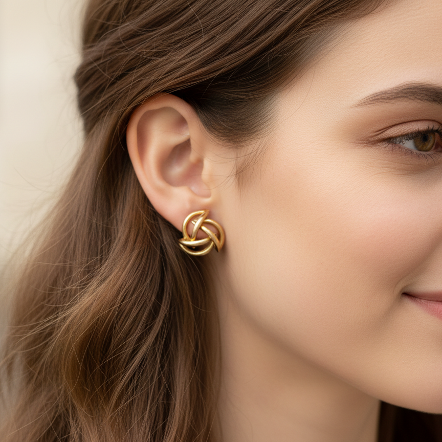 Close-up of a woman wearing a gold earring with a blurred background