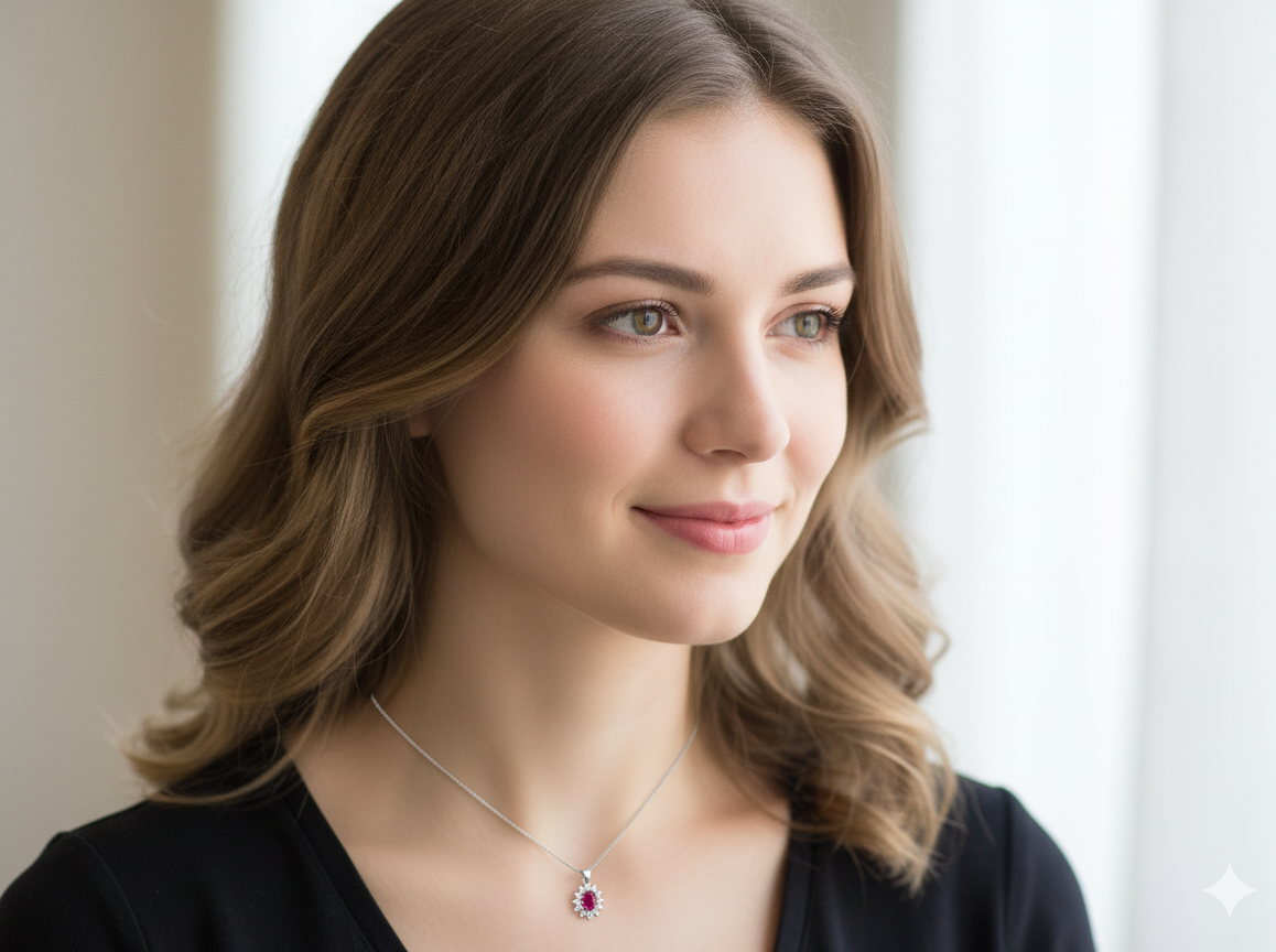 Woman wearing a necklace with a red gemstone against a neutral background