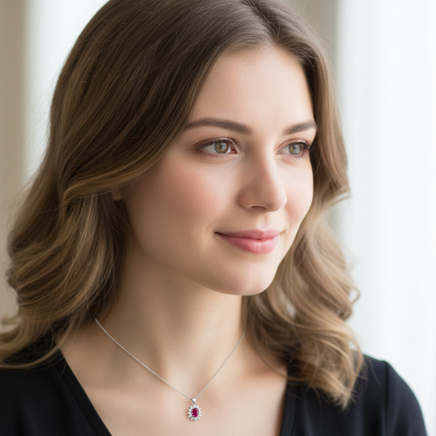 Woman wearing a necklace with a red gemstone against a neutral background