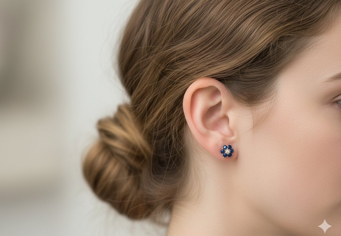Close-up of a person wearing a floral earring with a blurred background