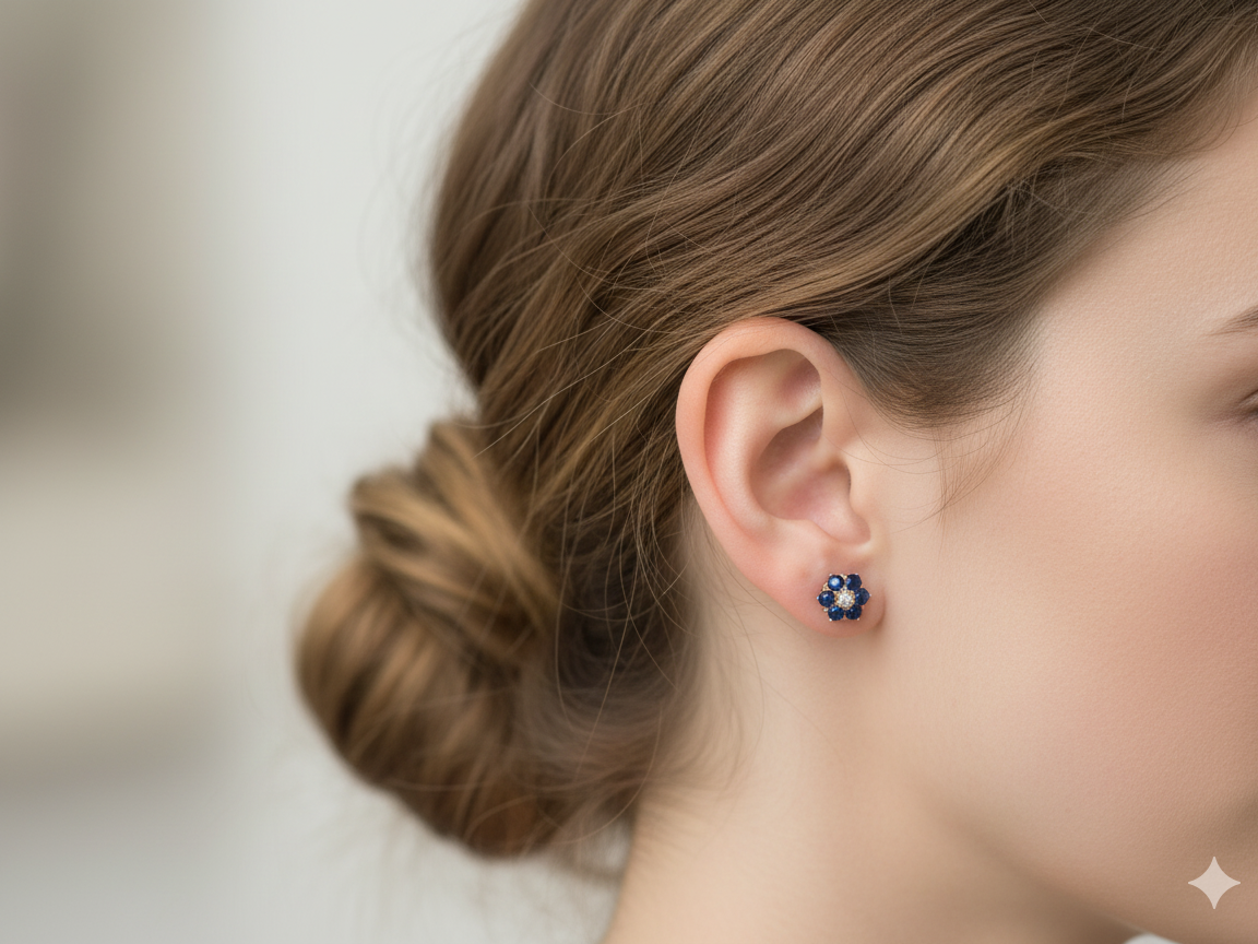 Close-up of a person wearing a floral earring with a blurred background