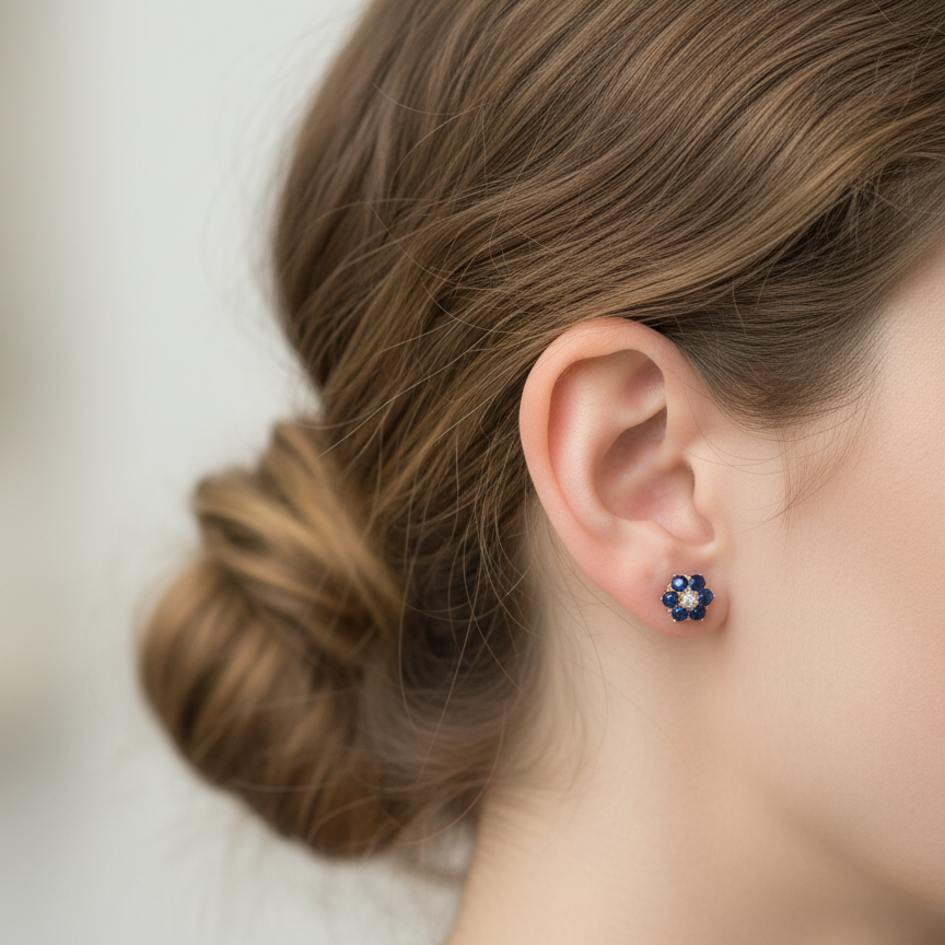 Close-up of a person wearing a floral earring with a blurred background