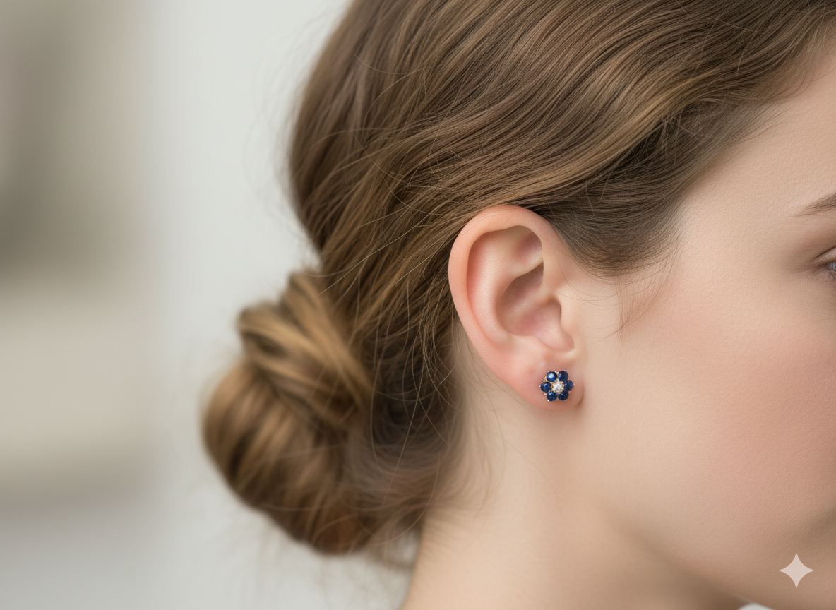 Close-up of a person wearing a floral earring with a blurred background