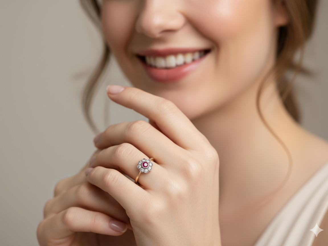 Woman wearing a ring with a diamond and ruby on a neutral background