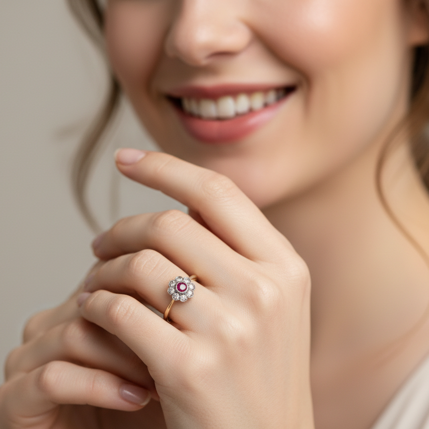 Woman wearing a ring with a diamond and ruby on a neutral background