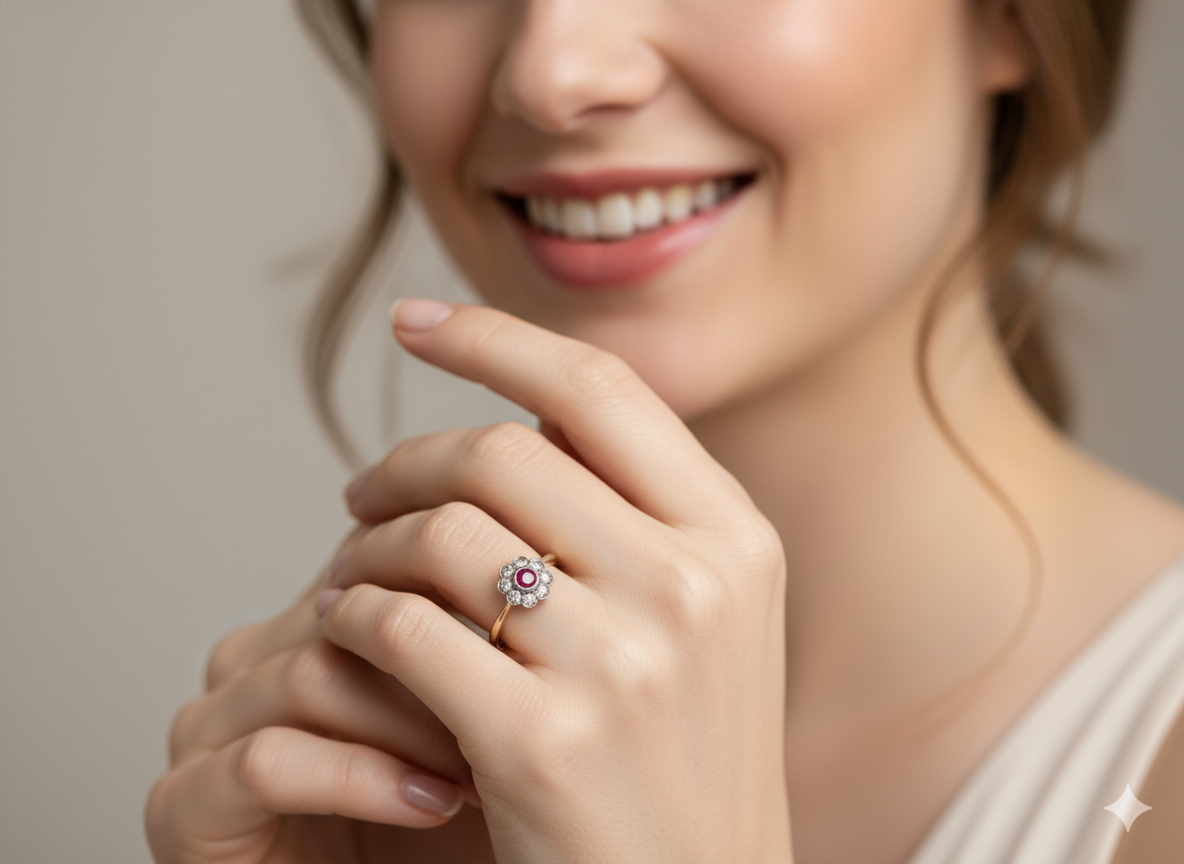 Woman wearing a ring with a diamond and ruby on a neutral background