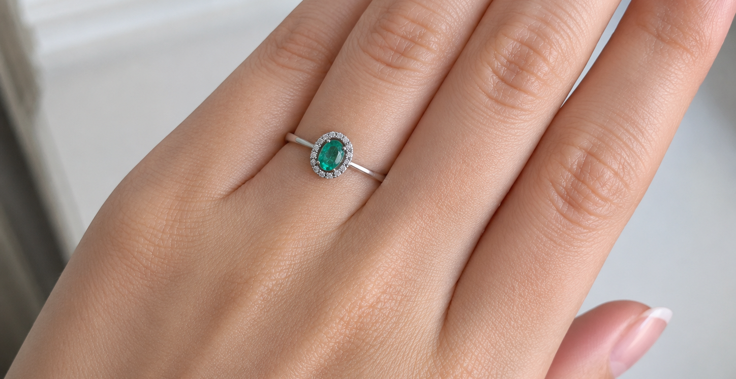 White gold ring with a green gemstone on a person's finger against a neutral background