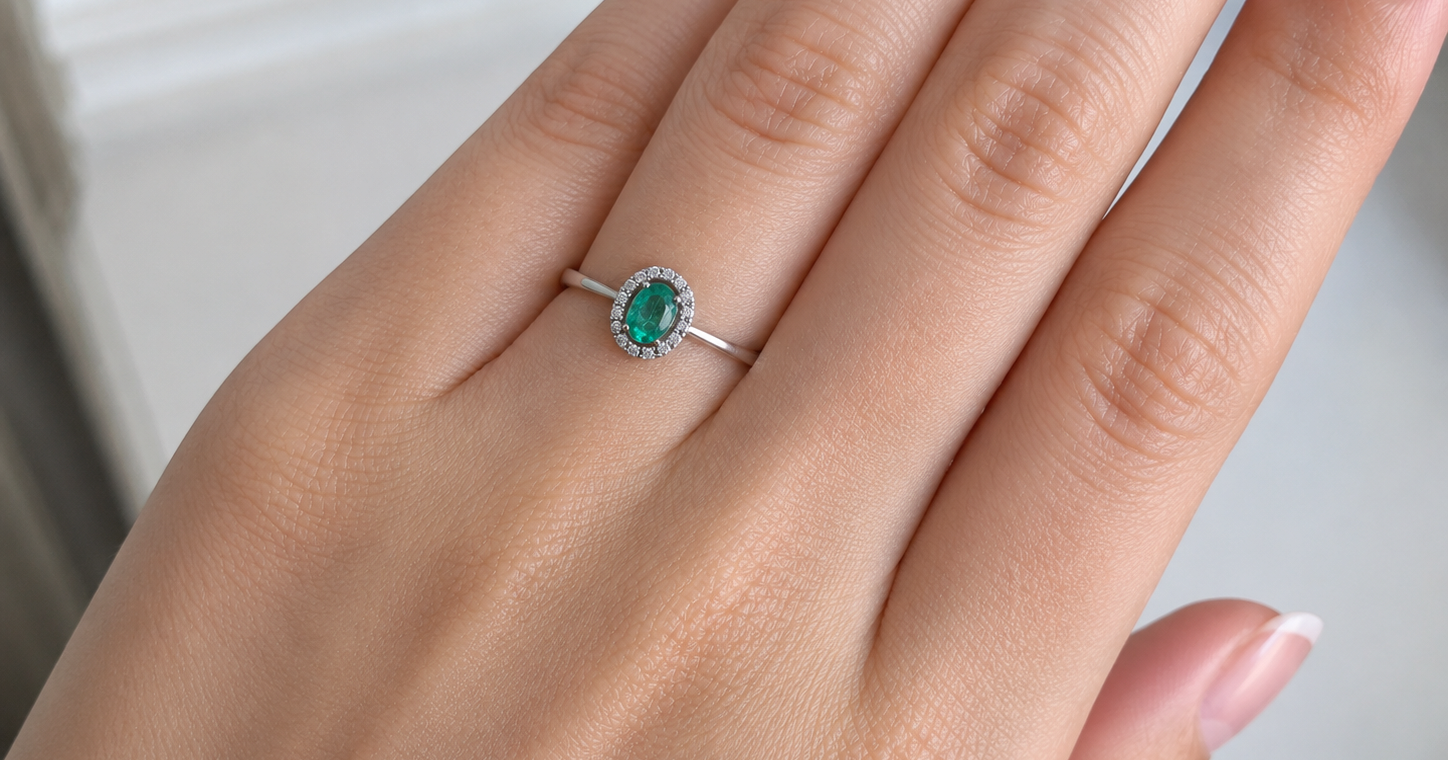 White gold ring with a green gemstone on a person's finger against a neutral background