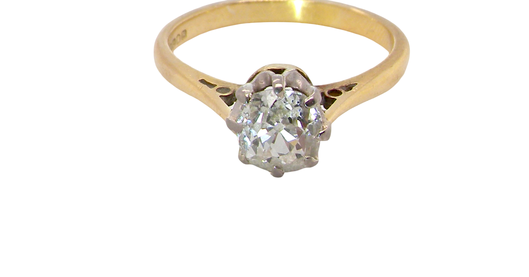 above A beautiful vintage diamond solitaire ring featuring an old brilliant cut white diamond measuring approximately 6mm, estimated at 0.75 carats. The diamond displays attractive sparkle with an assessed colour of I–J and clarity of SI.