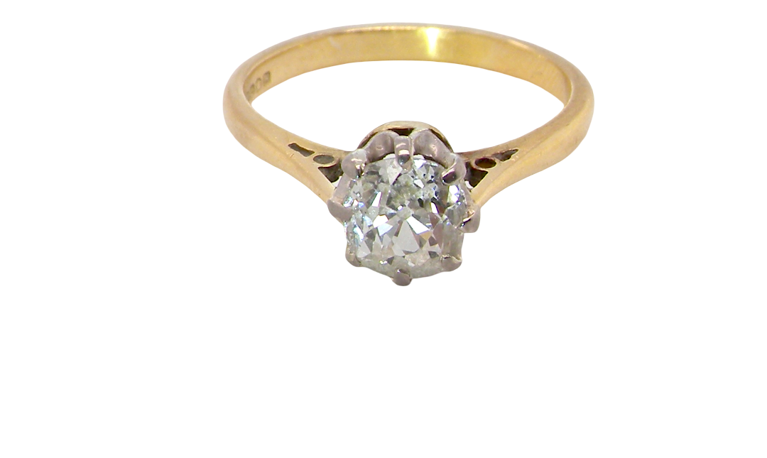 above A beautiful vintage diamond solitaire ring featuring an old brilliant cut white diamond measuring approximately 6mm, estimated at 0.75 carats. The diamond displays attractive sparkle with an assessed colour of I–J and clarity of SI.