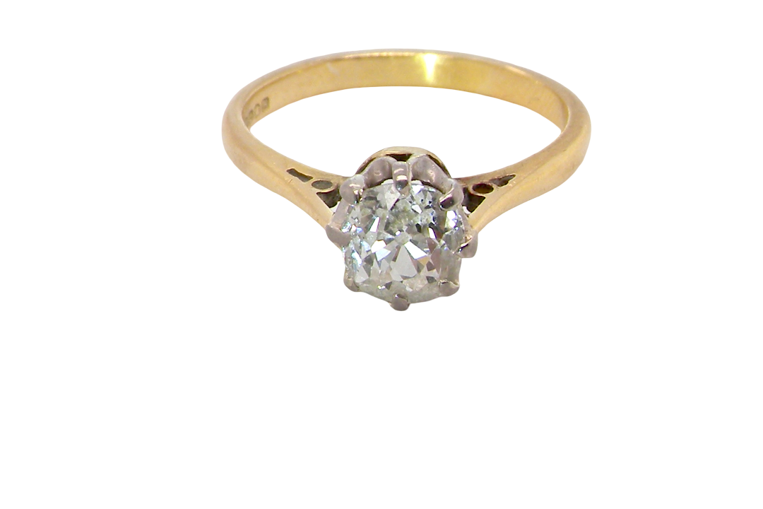 above A beautiful vintage diamond solitaire ring featuring an old brilliant cut white diamond measuring approximately 6mm, estimated at 0.75 carats. The diamond displays attractive sparkle with an assessed colour of I–J and clarity of SI.