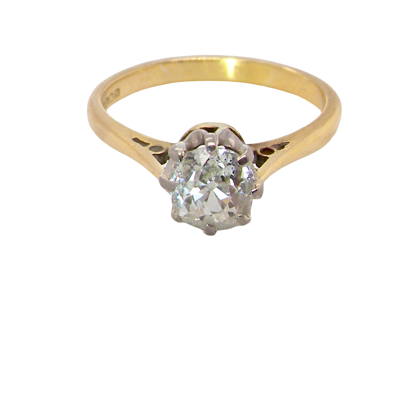 above A beautiful vintage diamond solitaire ring featuring an old brilliant cut white diamond measuring approximately 6mm, estimated at 0.75 carats. The diamond displays attractive sparkle with an assessed colour of I–J and clarity of SI.