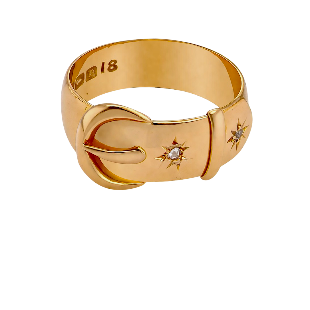 above A fine 18 carat gold buckle ring set with small old rose cut diamonds