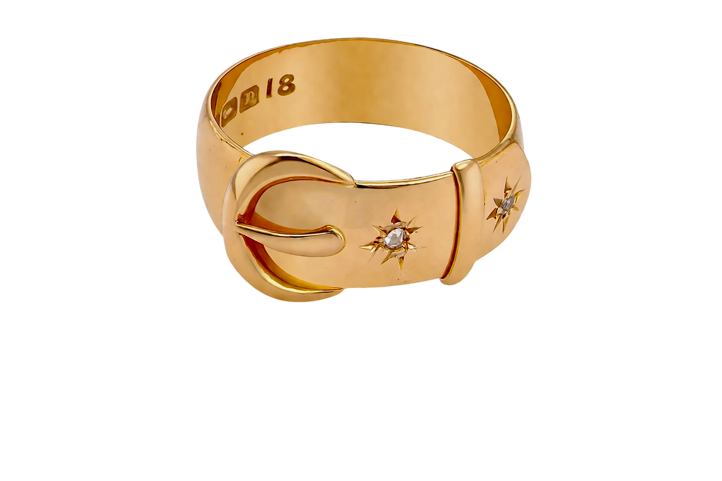 above A fine 18 carat gold buckle ring set with small old rose cut diamonds