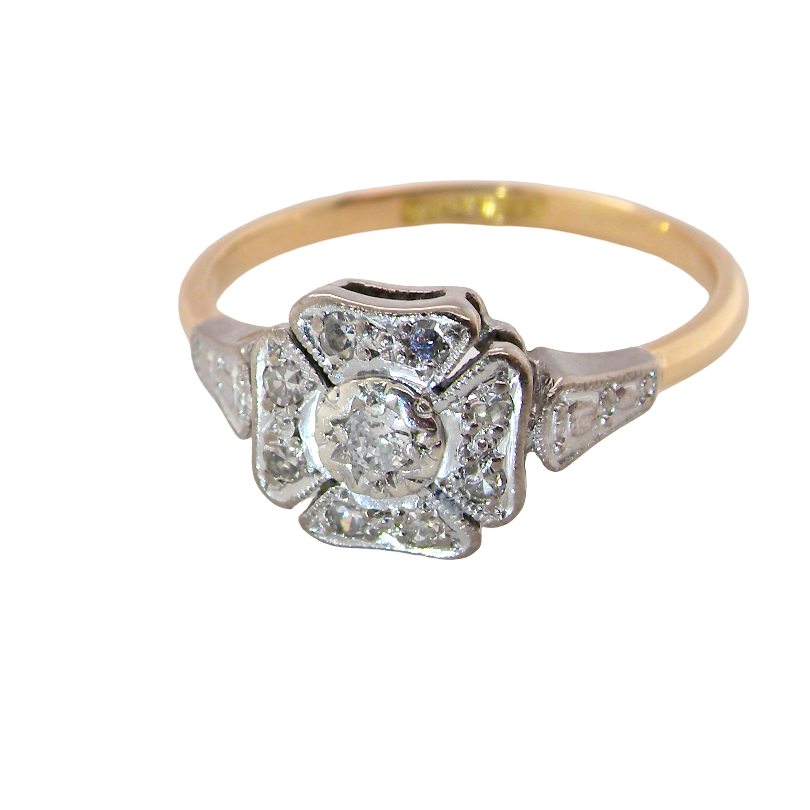 above A vintage diamond cluster ring. Shaped like a four leaf clover, each leaf is pavé set with small white diamonds, two each x 1.5mm. Centre diamond 2.4mm. (total estimated total 0.17 carats)