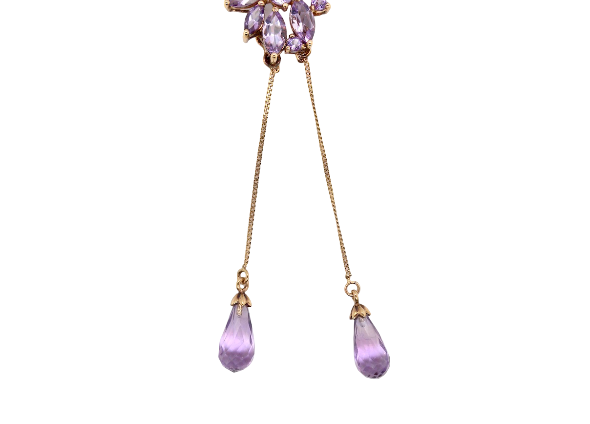 Purple teardrop earrings with gold accents on a white background
