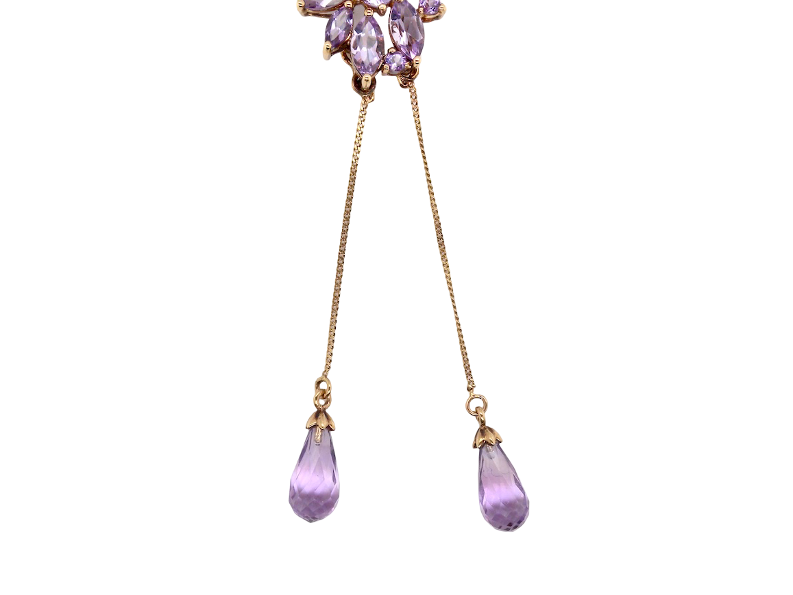 Purple teardrop earrings with gold accents on a white background