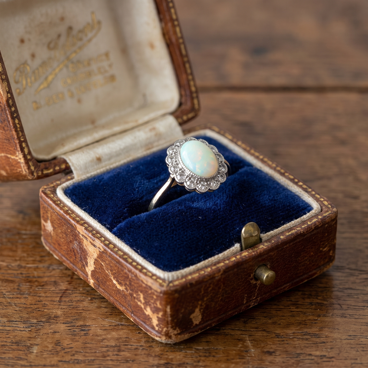 box A vintage cluster ring, features an opal centre stone, measures 8.5x6mm, in a mille grain setting.