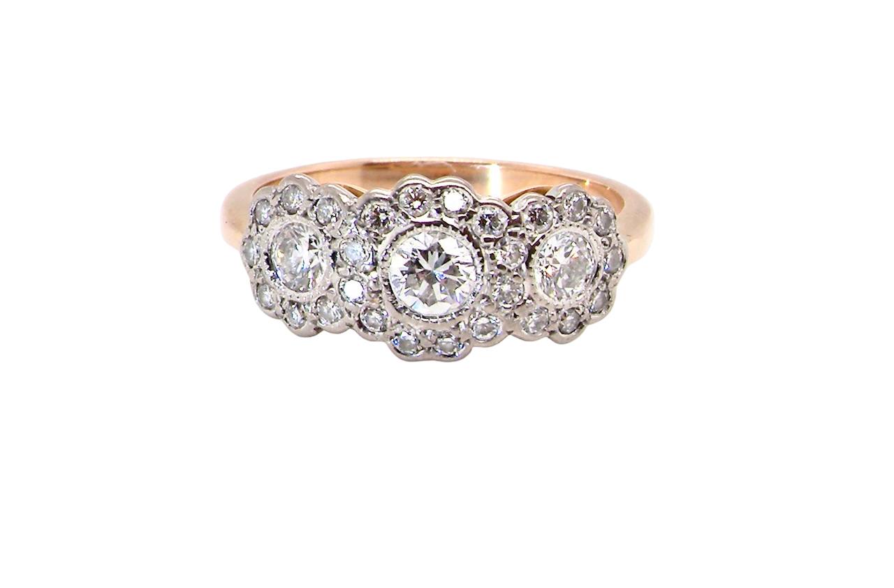 charming vintage triple cluster diamond ring,
