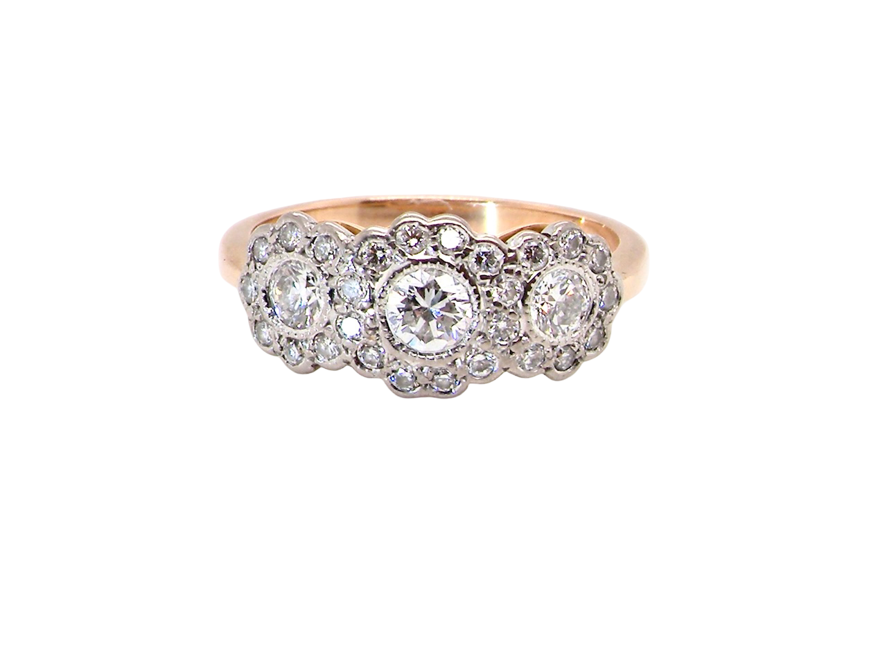 charming vintage triple cluster diamond ring,