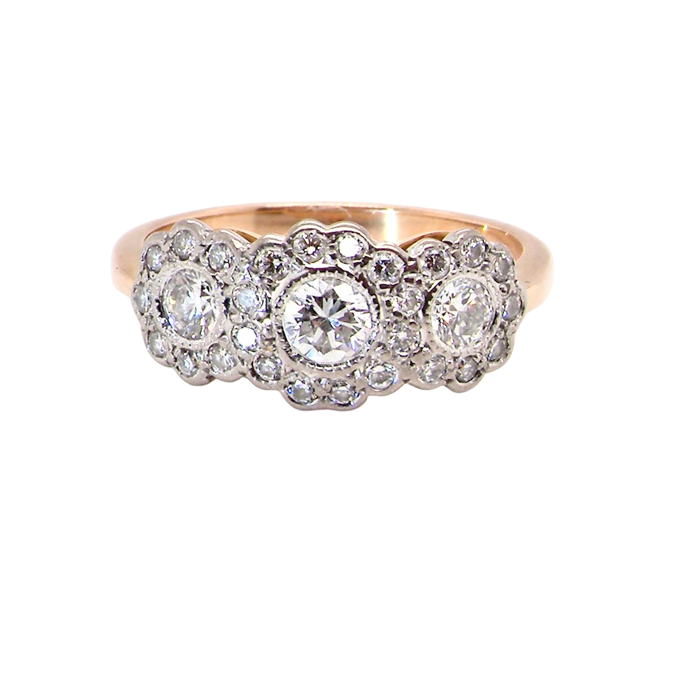 charming vintage triple cluster diamond ring,