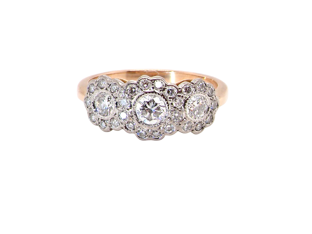 charming vintage triple cluster diamond ring,