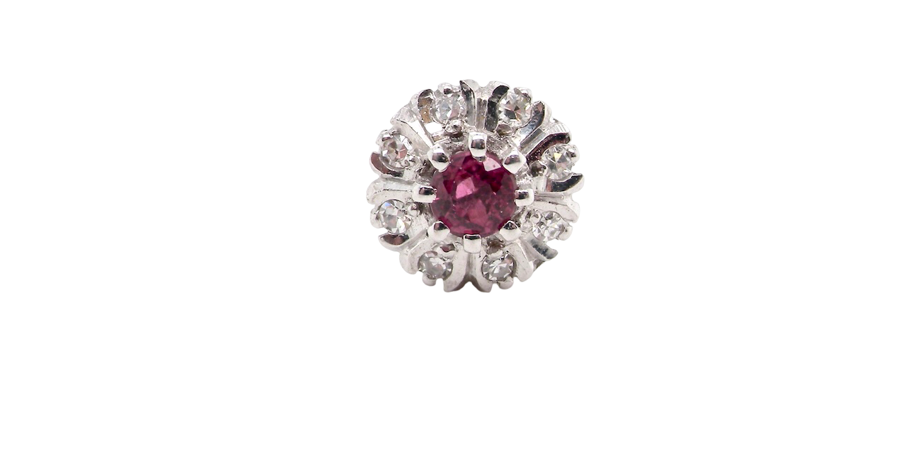 cluster earring Features to the centre a round 4.6mm pink sapphire (est 0.38 carats) with a good deep colour hue.