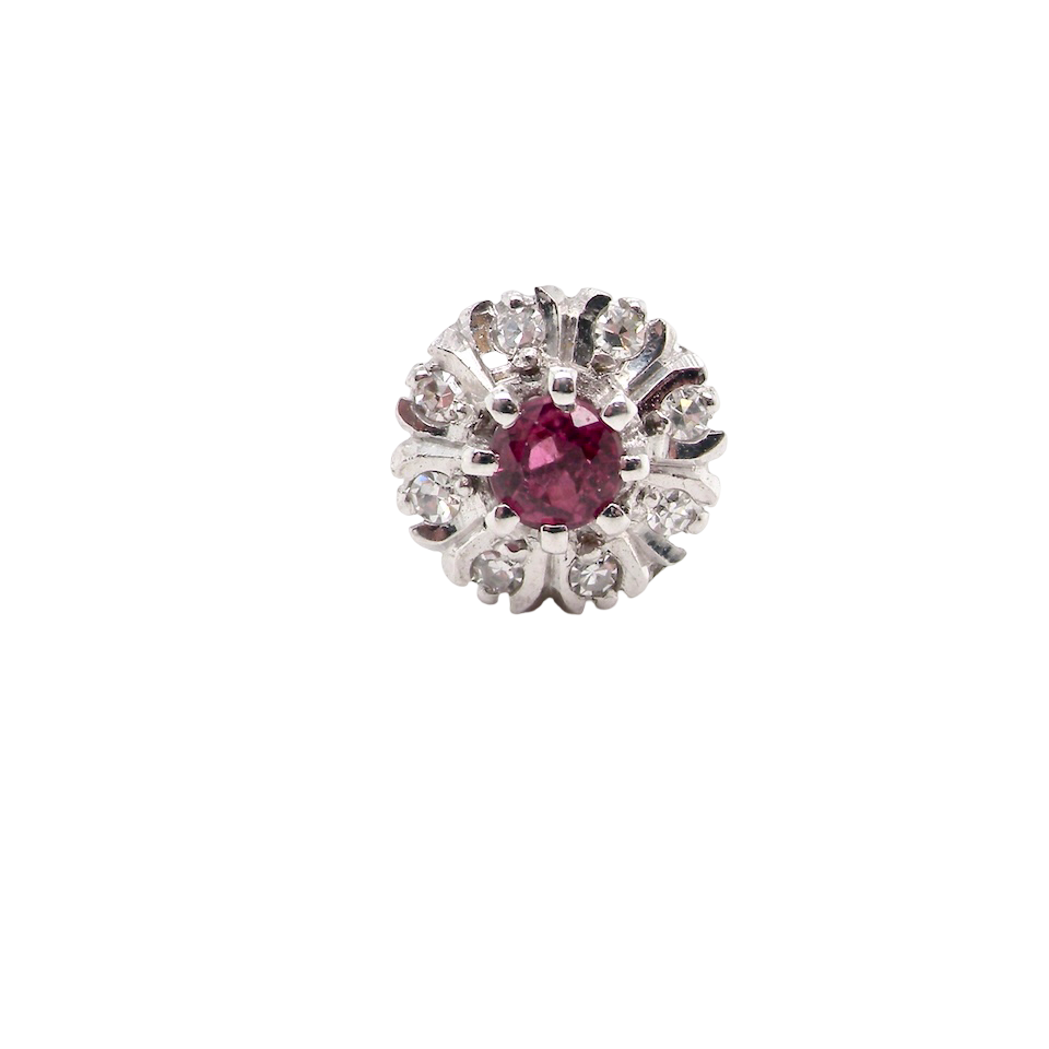 cluster earring Features to the centre a round 4.6mm pink sapphire (est 0.38 carats) with a good deep colour hue.