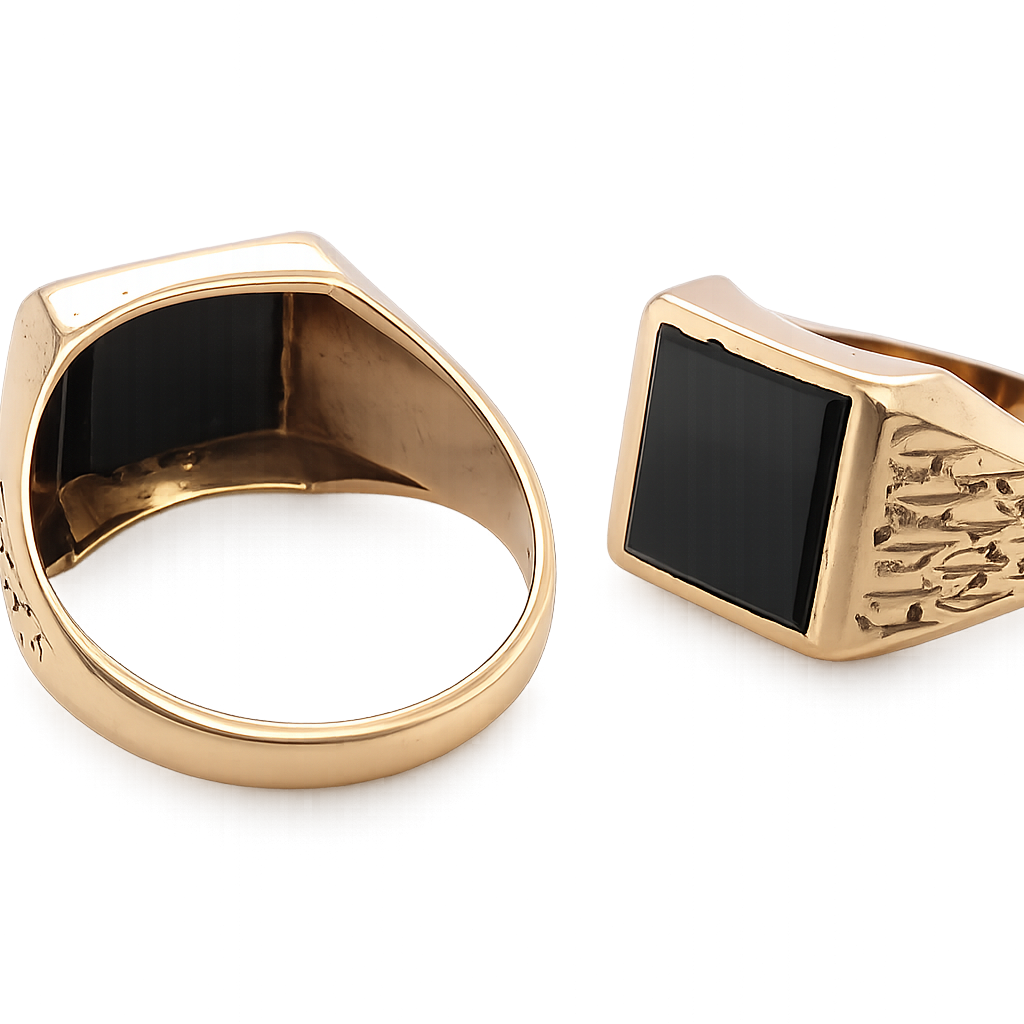 collection A 9 carat gold signet ring. Features a square cut black onyx stone, 10x10mm (est) .