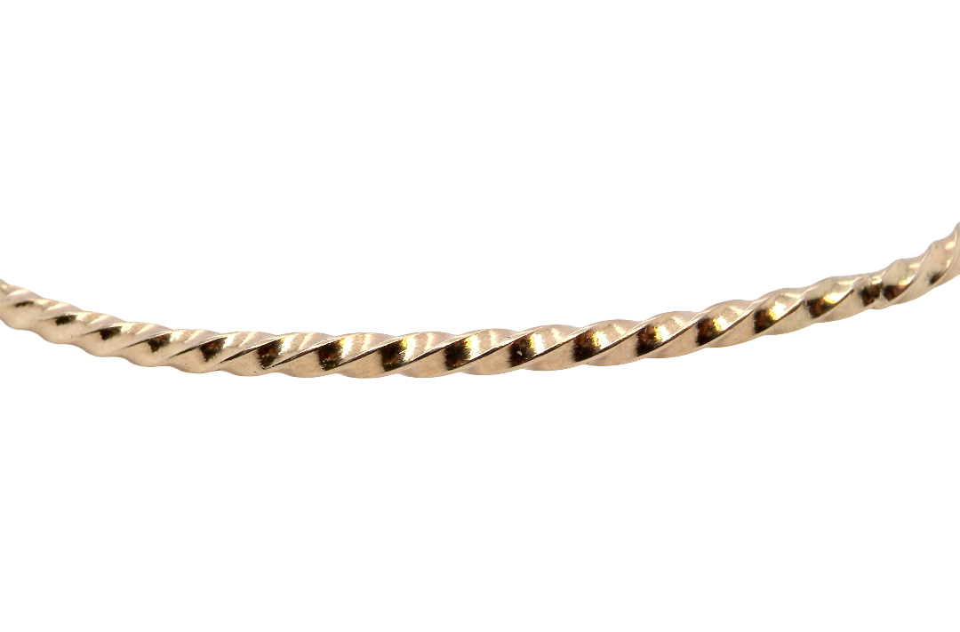detail A lovely 9 carat gold wrist bangle . Barley twist design, solid not hollow, just under 2mm width.