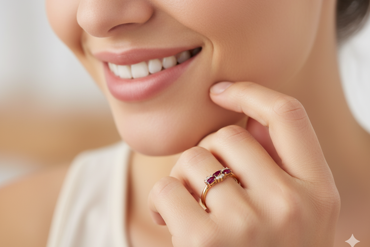 diamond ring with marquise-cut rubies (5×3 mm each). model