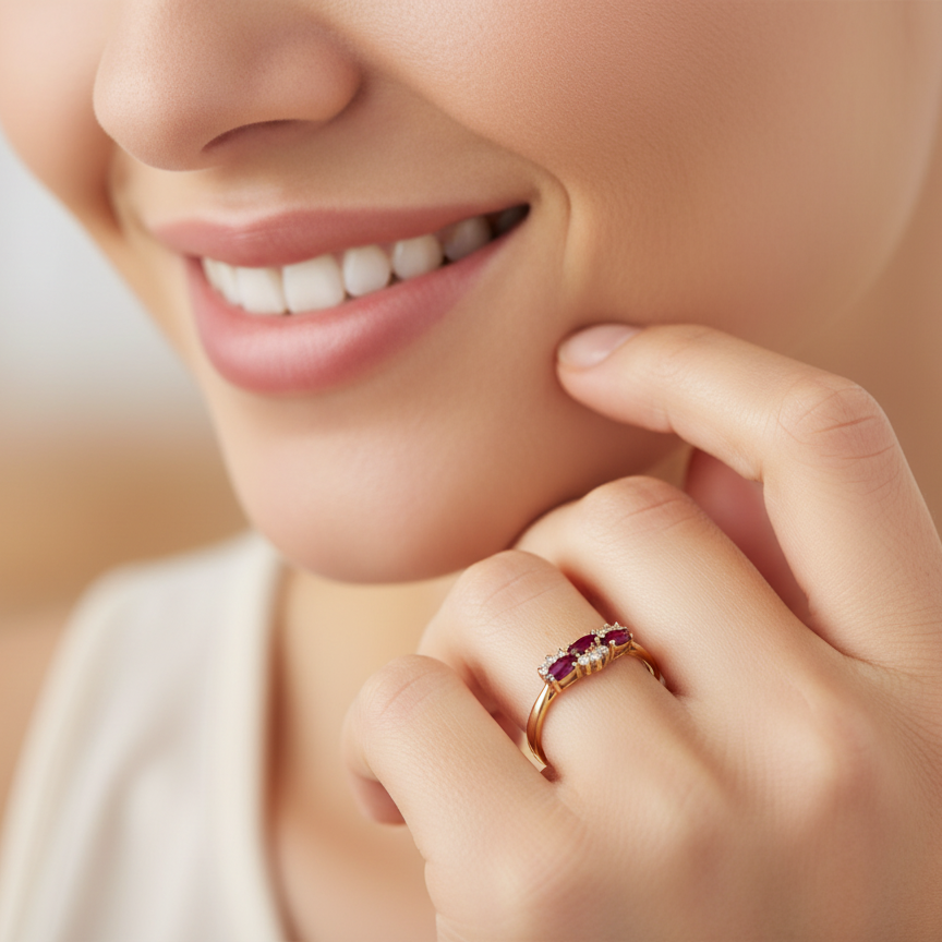 diamond ring with marquise-cut rubies (5×3 mm each). model