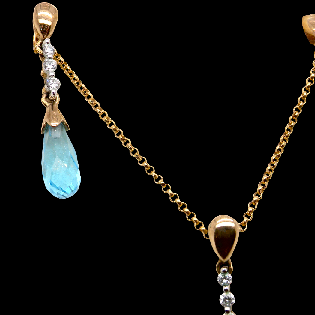 earring set. The pendant has a pear shaped facet cut blue topaz 10x5mm. Above this three brilliant cut white cubic zirconia stones ,length 20mm.