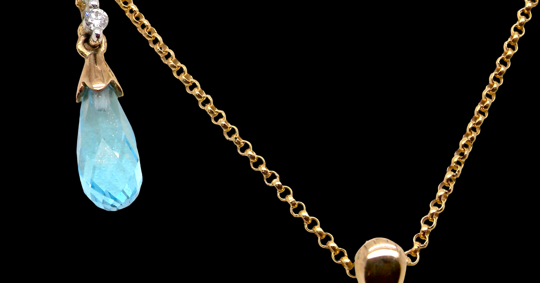 earring set. The pendant has a pear shaped facet cut blue topaz 10x5mm. Above this three brilliant cut white cubic zirconia stones ,length 20mm.
