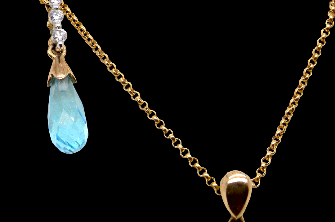 earring set. The pendant has a pear shaped facet cut blue topaz 10x5mm. Above this three brilliant cut white cubic zirconia stones ,length 20mm.