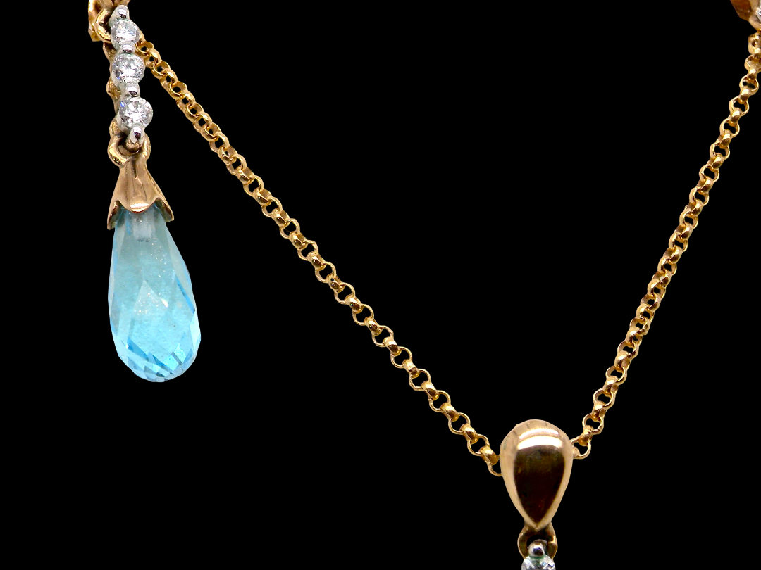earring set. The pendant has a pear shaped facet cut blue topaz 10x5mm. Above this three brilliant cut white cubic zirconia stones ,length 20mm.