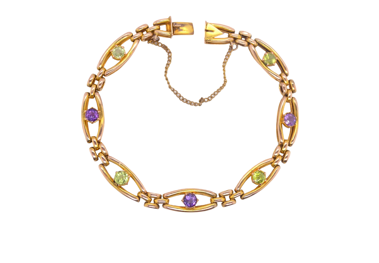 exquisite early 20th century bracelet set with 4.5mm peridot and amethyst stones,