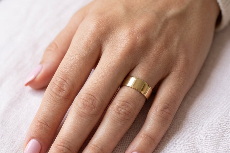 female hand A wide wedding ring 8mm, with a flat profile (not D shape) . Totally plain and re-polished to near perfect condition.