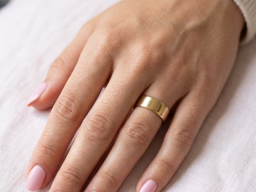 female hand A wide wedding ring 8mm, with a flat profile (not D shape) . Totally plain and re-polished to near perfect condition.