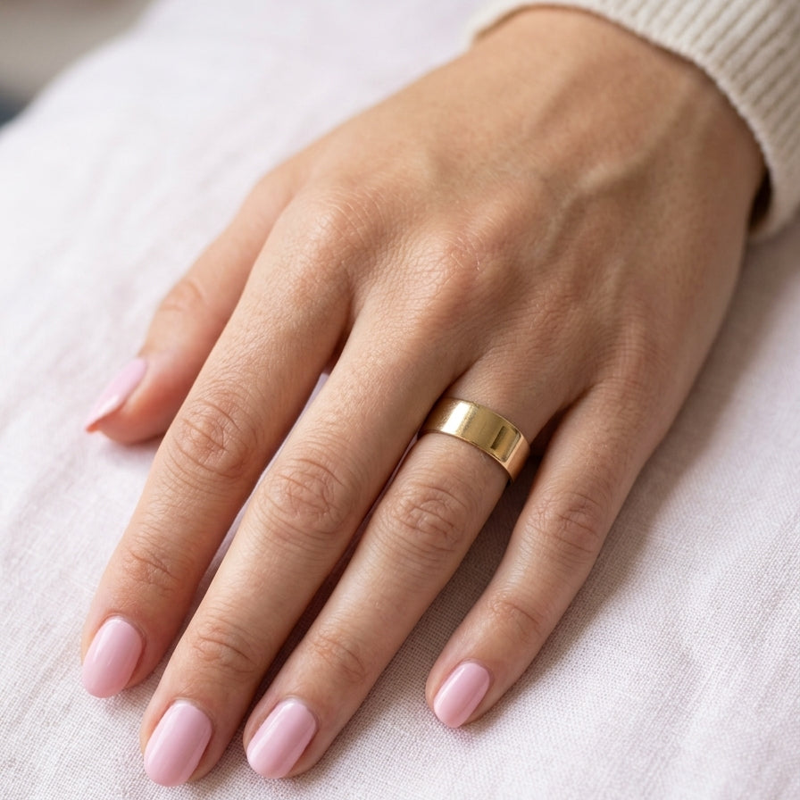 female hand A wide wedding ring 8mm, with a flat profile (not D shape) . Totally plain and re-polished to near perfect condition.