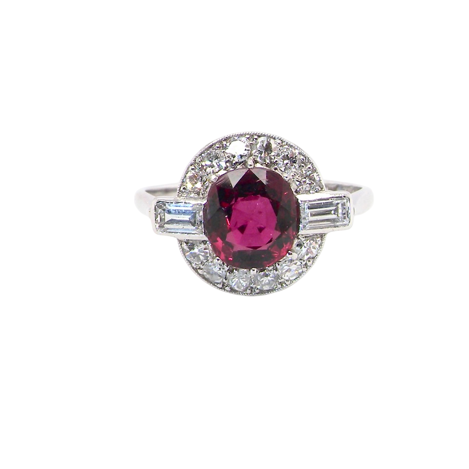 fine Art Deco style cluster ring featuring an untreated natural ruby