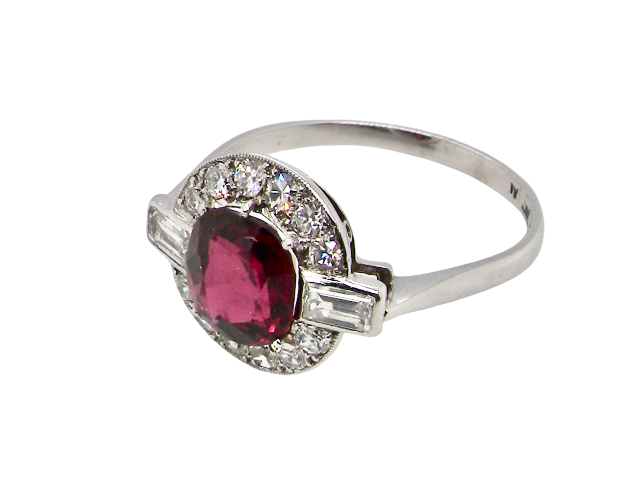 fine Art Deco style cluster ring featuring an untreated natural ruby side